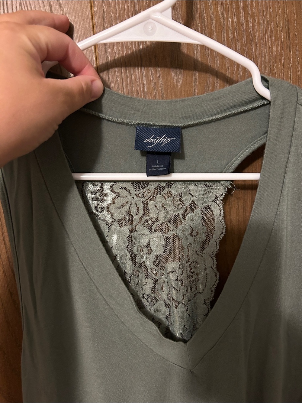 Daytrip Olive V-Neck Flowy Tank-top with Floral Lace Back